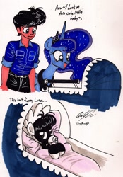 Size: 1135x1631 | Tagged: safe, artist:newyorkx3, princess luna, oc, oc:tommy junior, human, baby, bonnet, father, pacifier, simple background, son, stroller, traditional art, unamused