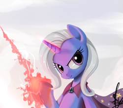 Size: 800x700 | Tagged: dead source, safe, artist:dexhaiken, derpibooru import, trixie, cape, clothes, looking at you, magic, smiling, solo, trixie's cape