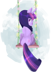 Size: 538x727 | Tagged: safe, artist:whimsical-vanilla, derpibooru import, twilight sparkle, g4, flower, solo, swing