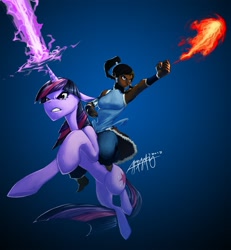 Size: 1389x1506 | Tagged: safe, artist:eosphorite, derpibooru import, twilight sparkle, crossover, fire, humans riding ponies, korra, magic, riding, the legend of korra