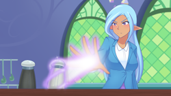 Size: 1280x720 | Tagged: safe, artist:jonfawkes, derpibooru import, trixie, human, all bottled up, blushing, clothes, elf ears, female, humanized, magic, moderate dark skin, pepper, pepper shaker, salt, salt shaker, scene interpretation, solo, twilight's castle, unicorns as elves