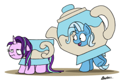 Size: 800x527 | Tagged: safe, artist:bobthedalek, derpibooru import, edit, editor:totallynotanoob, starlight glimmer, trixie, pony, unicorn, all bottled up, animated, clothes, costume, cup, cute, diatrixes, female, funny, gif, happy, mare, simple background, starlight is not amused, stressed, teacup, teapot, that pony sure does love teacups, unamused, white background