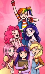 Size: 587x972 | Tagged: safe, artist:courtneygodbey, derpibooru import, applejack, fluttershy, pinkie pie, rainbow dash, rarity, twilight sparkle, clothes, dress, humanized, mane six