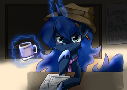 Size: 1200x850 | Tagged: safe, artist:gyaheung, princess luna, alicorn, pony, friends forever, :t, best princess, coffee, coffee mug, hat, levitation, magic, mug, necktie, pencil, scrunchy face, solo