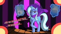 Size: 1920x1080 | Tagged: safe, artist:facelessguru, derpibooru import, trixie, gun, stage