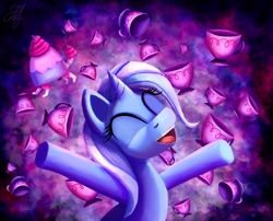 Size: 1100x890 | Tagged: safe, artist:ssoldat, derpibooru import, trixie, pony, unicorn, all bottled up, cup, eyes closed, female, happy, mare, open mouth, smiling, solo, teacup, teacup poodle, that pony sure does love teacups