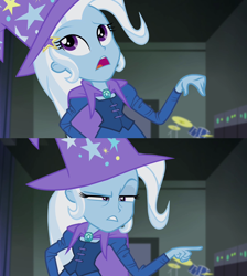 Size: 1280x1426 | Tagged: safe, derpibooru import, screencap, trixie, equestria girls, rainbow rocks, cape, clothes, cymbals, drum kit, drums, fall formal outfits, hat, musical instrument, pointing, trixie's cape, trixie's hat