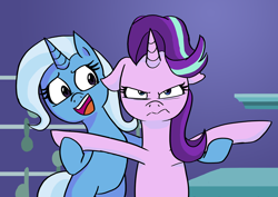 Size: 1280x905 | Tagged: safe, artist:gintoki23, derpibooru import, starlight glimmer, trixie, pony, unicorn, all bottled up, angry, floppy ears, scene interpretation, starlight is not amused, trixie's puppeteering, unamused
