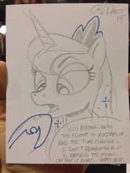 Size: 768x1024 | Tagged: safe, artist:andypriceart, princess luna, alicorn, pony, australia, dialogue, monochrome, open mouth, raised hoof, sketch, solo, speech bubble, traditional art