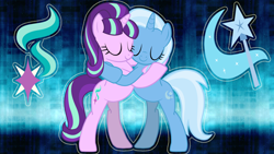 Size: 1920x1080 | Tagged: safe, derpibooru import, starlight glimmer, trixie, pony, unicorn, all bottled up, female, hug, mare, wallpaper