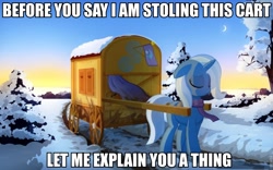 Size: 960x600 | Tagged: safe, artist:gign-3208, derpibooru import, trixie, engrish, image macro, meme, snow, trixie's wagon, wagon, winter