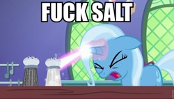 Size: 960x545 | Tagged: safe, derpibooru import, edit, edited screencap, screencap, trixie, pony, unicorn, all bottled up, female, food, image macro, magic, mare, meme, pepper, salt shaker, tourettes guy, trixie yells at everything, vulgar