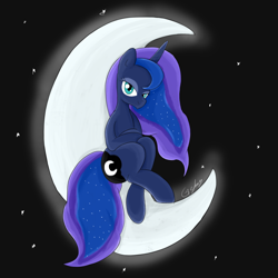 Size: 3500x3500 | Tagged: safe, artist:fauzart, princess luna, alicorn, pony, moon, sitting, smirk, solo, tangible heavenly object