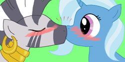 Size: 864x432 | Tagged: safe, artist:weaselbear, derpibooru import, trixie, zecora, zebra, blushing, crack shipping, cute, female, kissing, lesbian, shipping, simple background, surprise kiss, surprised, trixora