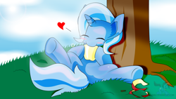 Size: 1920x1080 | Tagged: safe, artist:dekomaru, derpibooru import, trixie, apple, blushing, eating, happy, heart