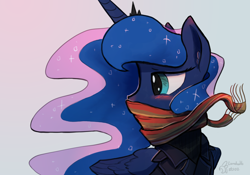 Size: 1718x1200 | Tagged: safe, artist:darkflame75, princess luna, alicorn, pony, blushing, clothes, coat, scarf, solo