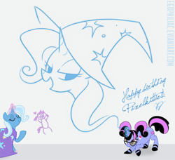 Size: 880x801 | Tagged: safe, artist:egophiliac, derpibooru import, trixie, oc, oc:pixelkitties, birthday