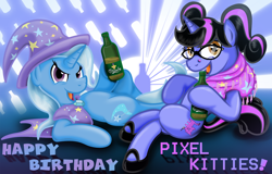 Size: 1200x769 | Tagged: safe, artist:jamescorck, derpibooru import, trixie, oc, oc:pixelkitties, alcohol, beer