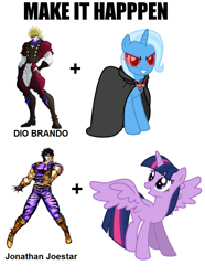 Size: 747x1005 | Tagged: safe, derpibooru import, trixie, twilight sparkle, twilight sparkle (alicorn), alicorn, pony, alicorn amulet, dio brando, exploitable meme, female, jojo pose, jojo's bizarre adventure, jonathan joestar, make it happen, mare