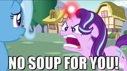 Size: 1280x720 | Tagged: safe, derpibooru import, screencap, starlight glimmer, trixie, pony, all bottled up, angry, glowing horn, meme, no soup for you, ragelight glimmer, seinfeld, soup nazi, vein bulge