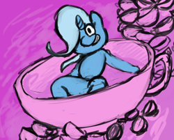 Size: 736x592 | Tagged: artist needed, safe, derpibooru import, trixie, pony, unicorn, all bottled up, 30 minute art challenge, cup, grin, smiling, solo, teacup