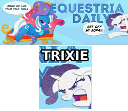 Size: 1000x869 | Tagged: safe, derpibooru import, rarity, trixie, pony, unicorn, dinkleberg, draw me like one of your french girls, equestria daily, fainting couch, inconvenient trixie, meme, sofa