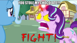 Size: 1280x720 | Tagged: safe, derpibooru import, edit, edited screencap, screencap, starlight glimmer, trixie, pony, unicorn, all bottled up, angry, chocolate, female, fight, food, glowing eyes, glowing horn, image macro, mare, meme, mortal kombat, rage, ragelight glimmer, vein bulge, yellow glowing eyes