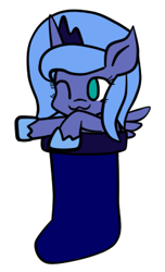 Size: 227x373 | Tagged: safe, artist:memorible, princess luna, alicorn, pony, :3, filly, sock, sock filly, solo, wink, woona