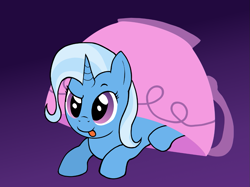 Size: 1087x815 | Tagged: safe, artist:zharkaer, derpibooru import, trixie, pony, unicorn, all bottled up, cup, cute, diatrixes, gradient background, prone, raised eyebrow, silly, silly pony, solo, teacup, tongue out