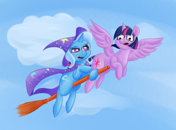 Size: 2049x1517 | Tagged: safe, artist:wizardski, derpibooru import, trixie, twilight sparkle, twilight sparkle (alicorn), alicorn, pony, broom, cloud, cloudy, female, flying, flying broomstick, lidded eyes, looking at each other, mare, open mouth, sky, smirk, spread wings