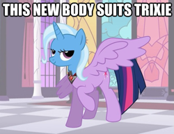 Size: 625x483 | Tagged: safe, derpibooru import, trixie, twilight sparkle, twilight sparkle (alicorn), alicorn, pony, alicorn amulet, body swap, dio brando, evil, exploitable meme, female, head swap, image macro, joestar meme, jojo's bizarre adventure, mare, meme, trixie yells at everything