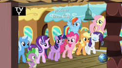 Size: 1364x768 | Tagged: safe, derpibooru import, screencap, applejack, fluttershy, pinkie pie, rainbow dash, rarity, spike, starlight glimmer, trixie, twilight sparkle, twilight sparkle (alicorn), alicorn, dragon, earth pony, pegasus, pony, unicorn, all bottled up, mane seven, mane six, tv-y