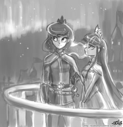 Size: 833x862 | Tagged: safe, artist:johnjoseco, princess luna, twilight sparkle, twilight sparkle (alicorn), alicorn, human, balcony, big crown thingy, clothes, dress, grayscale, humanized, jewelry, monochrome, night, regalia, sword, weapon