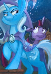 Size: 560x821 | Tagged: safe, artist:kenket, artist:spainfischer, derpibooru import, trixie, twilight sparkle, painting, smug, traditional art