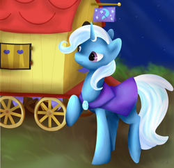 Size: 3000x2900 | Tagged: safe, artist:hirundoarvensis, derpibooru import, trixie, pony, cape, clothes, high res, raised hoof, solo, trixie's cape, trixie's wagon