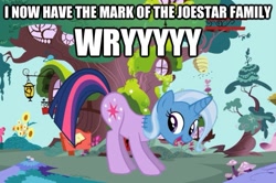 Size: 625x415 | Tagged: safe, derpibooru import, trixie, twilight sparkle, cutie mark, dio brando, exploitable meme, image macro, joestar meme, jojo's bizarre adventure, meme, trixie yells at everything, wryyy