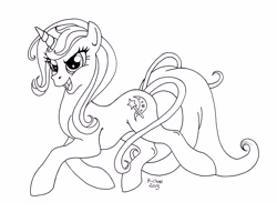 Size: 2456x1881 | Tagged: dead source, safe, artist:karla-chan, derpibooru import, trixie, pony, unicorn, female, mare, monochrome, open mouth, simple background, solo, white background