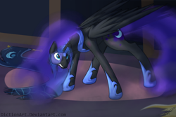 Size: 1024x682 | Tagged: safe, artist:diction, nightmare moon, princess luna, alicorn, pony, solo, transformation