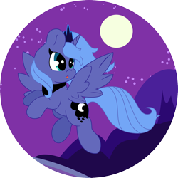 Size: 2000x2000 | Tagged: safe, artist:midnight-st4r, princess luna, alicorn, pony, :o, filly, flying, moon, night, solo, woona