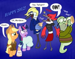 Size: 900x704 | Tagged: safe, artist:cartuneslover16, derpibooru import, applejack, twilight sparkle, earth pony, pony, 2012, blondecai, clothes, comic sans, crossover, dress, fish hooks, gala dress, happy new year, margaret, mordecai, regular show