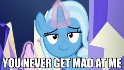 Size: 1920x1090 | Tagged: safe, derpibooru import, edit, edited screencap, screencap, trixie, pony, unicorn, all bottled up, female, glowing horn, image macro, mare, meme, smug, solo, trixie yells at everything