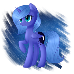 Size: 2338x2341 | Tagged: safe, artist:sannykat, princess luna, alicorn, pony, abstract background, female, raised hoof, s1 luna, smiling, solo