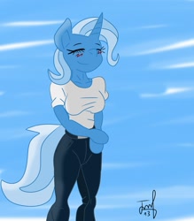 Size: 1280x1463 | Tagged: safe, artist:quakebrothers, derpibooru import, trixie, anthro, blushing, happy, smiling