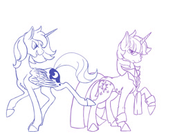 Size: 1280x1024 | Tagged: safe, artist:muslipepito, princess luna, twilight sparkle, alicorn, pony, bedroom eyes, butler, clothes, fanfic art, fluffy, frown, looking back, missing accessory, monochrome, open mouth, raised hoof, raised leg, s1 luna, smiling, towel