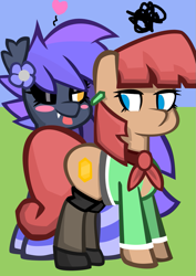 Size: 745x1053 | Tagged: safe, artist:aaa-its-spook, artist:spook, derpibooru import, oc, oc only, oc:scarlet topaz, oc:spook, bat pony, annoyed, ascot, blushing, clothes, ear piercing, earring, eyeshadow, female, flirting, jewelry, makeup, milf, piercing, socks, stockings, striped socks, sweater, thigh highs, tongue out