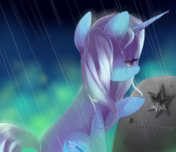 Size: 740x642 | Tagged: dead source, safe, artist:loyaldis, derpibooru import, trixie, pony, unicorn, crying, female, gravestone, implied death, rain, sad, solo, tomb