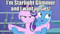 Size: 902x508 | Tagged: safe, derpibooru import, edit, edited screencap, screencap, starlight glimmer, trixie, pony, unicorn, all bottled up, animated, cute, diatrixes, duo, female, floppy ears, frown, gif, glare, hoof hold, image macro, inconvenient trixie, looking at you, loop, mare, meme, open mouth, personal space invasion, smiling, spread arms, starlight is not amused, trixie's puppeteering, unamused, upsies