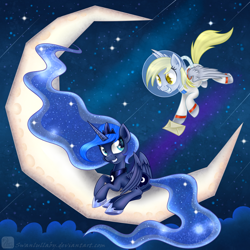 Size: 800x800 | Tagged: safe, artist:swanlullaby, derpy hooves, princess luna, alicorn, pegasus, pony, female, letter, mailpony, mare, moon, smiling, spacesuit, tangible heavenly object