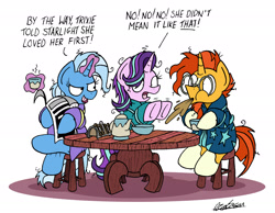 Size: 2048x1588 | Tagged: safe, artist:bobthedalek, derpibooru import, starlight glimmer, sunburst, trixie, pony, unicorn, all bottled up, bathrobe, bed mane, breakfast, clothes, cup, female, implied starburst, inconvenient trixie, male, mare, morning ponies, newspaper, robe, simple background, spit take, stallion, table, teacup, teapot, trio, white background