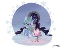 Size: 2000x1600 | Tagged: safe, artist:novaquinmat, princess luna, trixie, alicorn, pony, unicorn, clothes, duo, female, flower, hat, mare, scarf, snow, snowflake